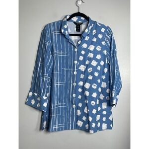 ALI MILES Button Up Blouse Medium Blue White Mixed Print Geometric Artsy